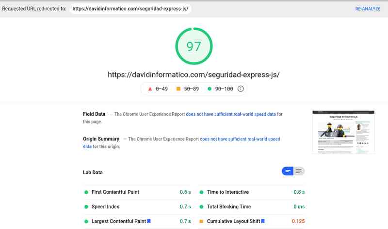 La puntuación en desktop es de 97 y de 91 en mobile para un artículo