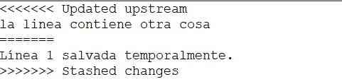 Si visualizamos un fichero con un conflicto sin una herramienta para git, simplemente veremos bloques separados de esta forma. Podemos solucionarlo editando el fichero y dejando solo la línea que queramos, quitando las líneas <<<<<<, >>>>>> y =======