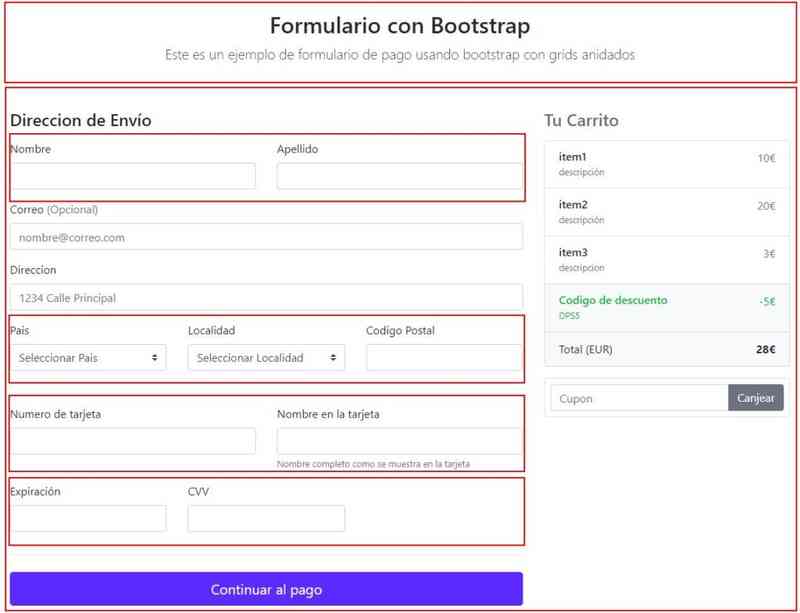 Las cajas en rojo indican un row, cada uno de los cuales tiene a su vez 12 columnas posibles.