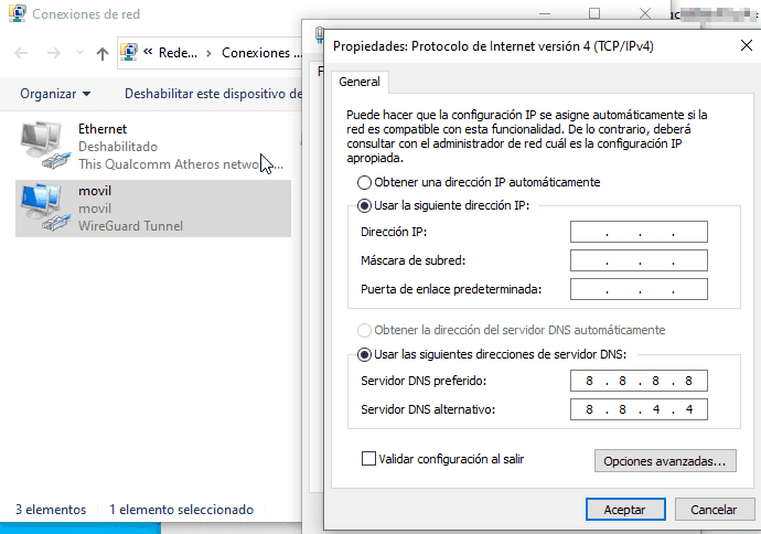 Podemos apreciar que se le configuran los dns que hubieramos definido en el fichero .conf.